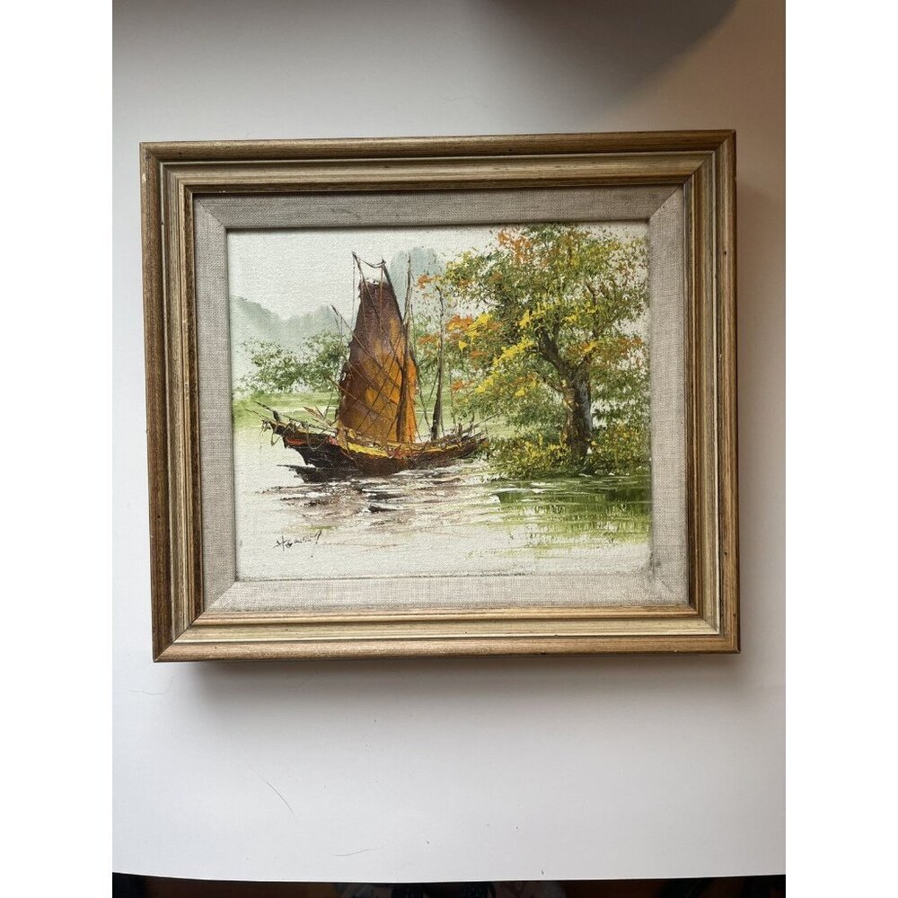 Vintage Oil on Board – Chinese Fishing Boat Scene, Framed, Signed, Classic